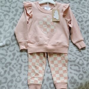 Pink Ruffle Sweatshirt and Checkered Pants Set